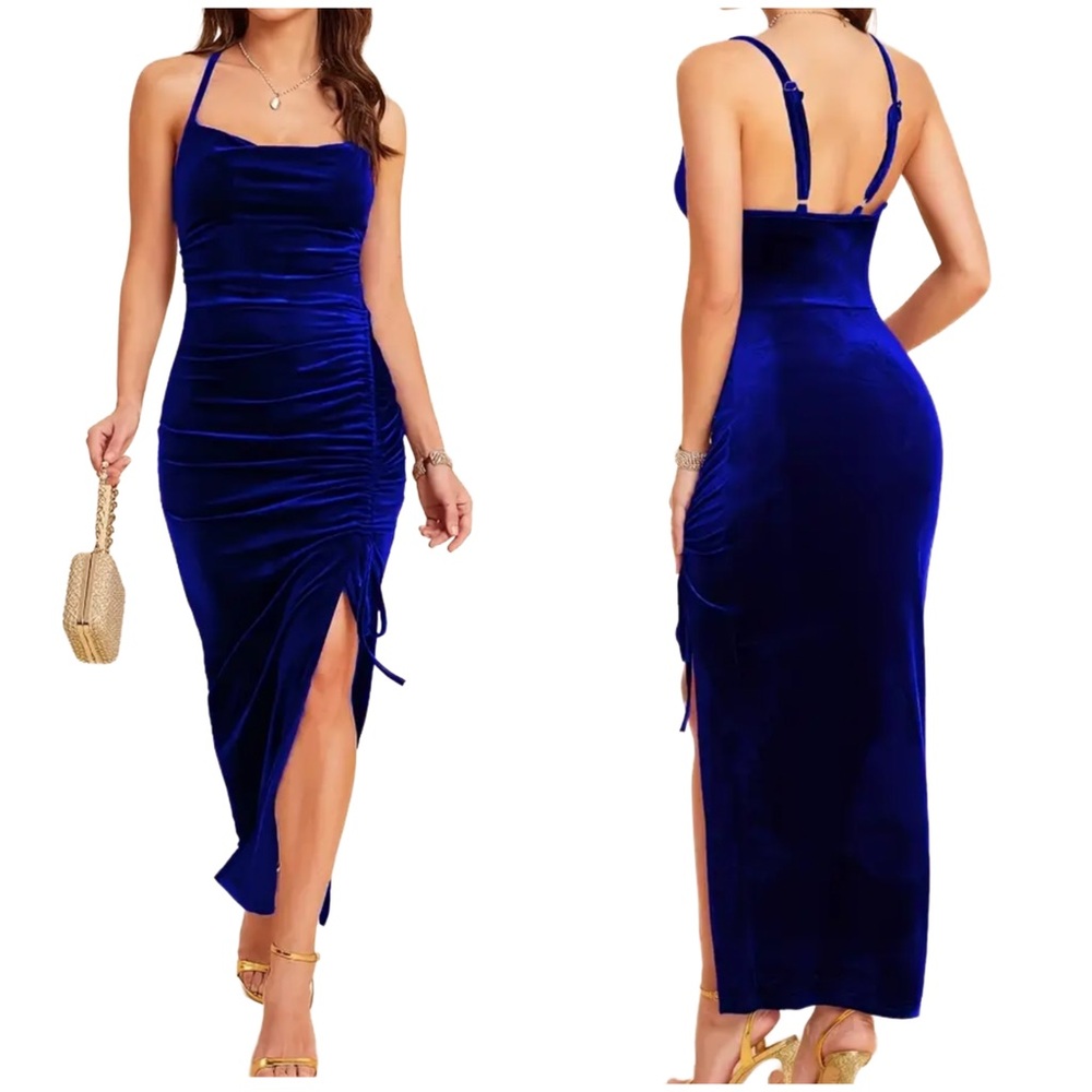 Royal Blue Velvet Ruched Bodycon Maxi Dress - Picture 1 of 5